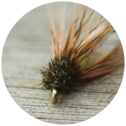 A closeup picture of a fishing fly tied by Tom Lampl, FiveBFlies, Ketchum Idaho